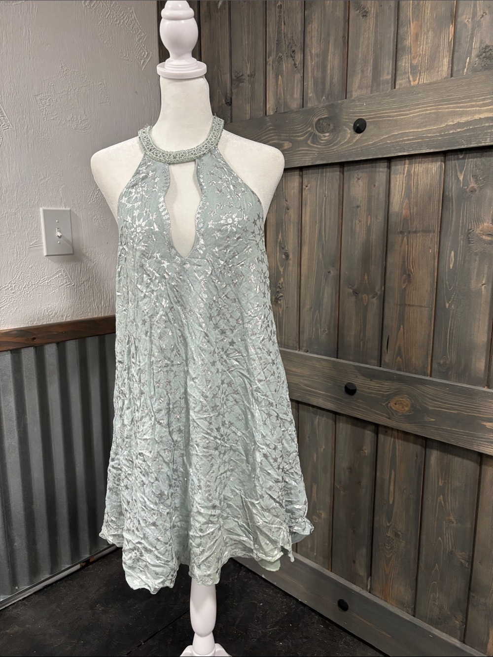 Kimchi Blue Mint Green Beaded Halter Mini Dress